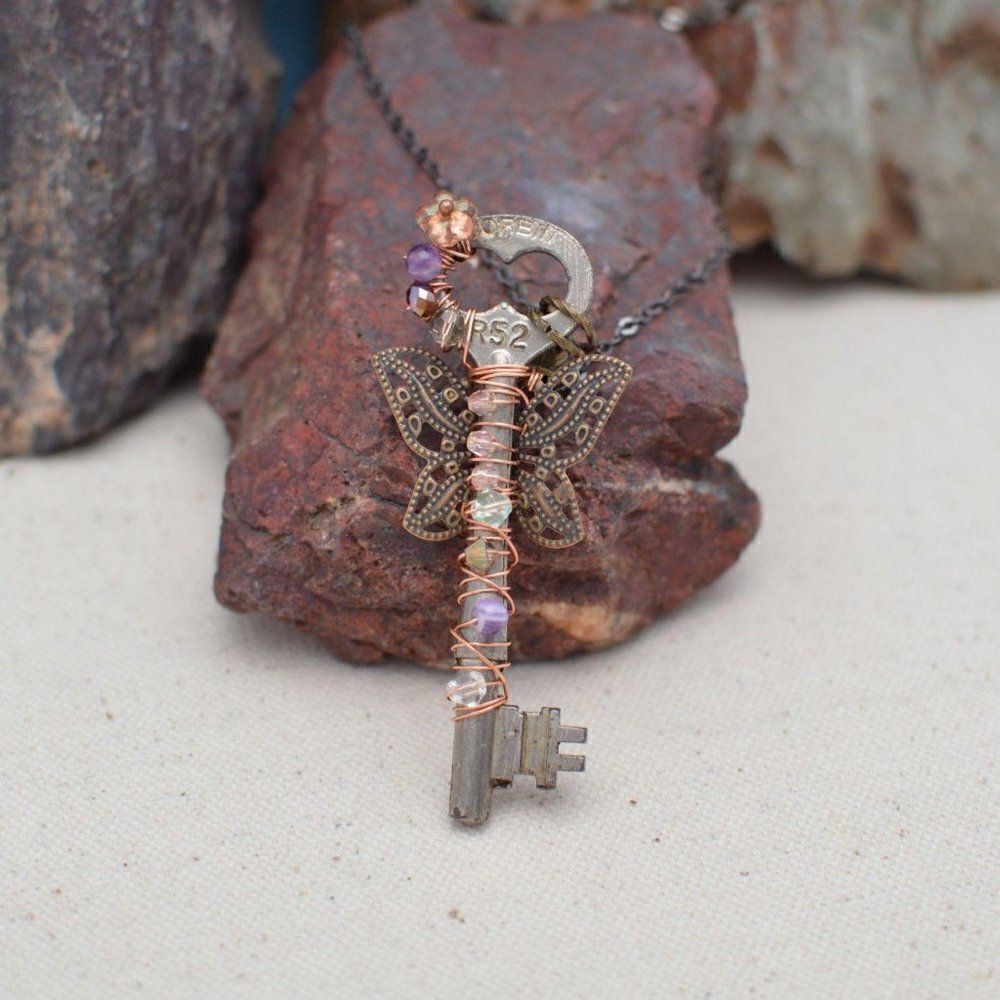 Wire Wrapped Vintage Skeleton Key Pendant Necklace